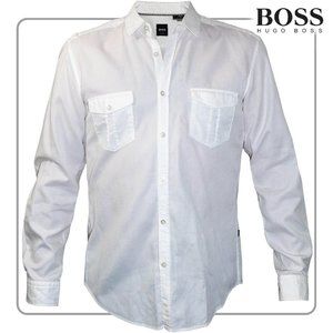 Hugo Boss Men's White Button Down Waffle Fabric with Epaulettes (size Large)